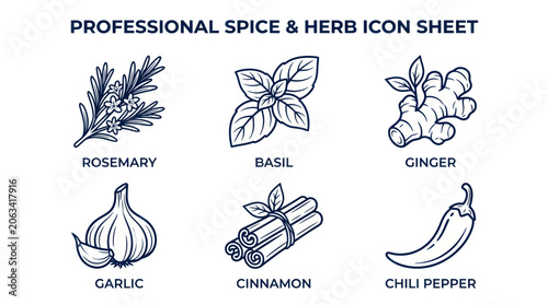 Professional Spice & Herb Icon Sheet: Rosemary, Basil, Ginger, Garlic, Cinnamon, Chili Pepper