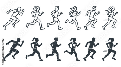 Running Figures Icon Set: Male and Female Athletes in Motion, Silhouette and Outline