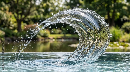 Dynamic splash of clear water frozen in time, reflecting natural light against a blurred outdoor backdrop