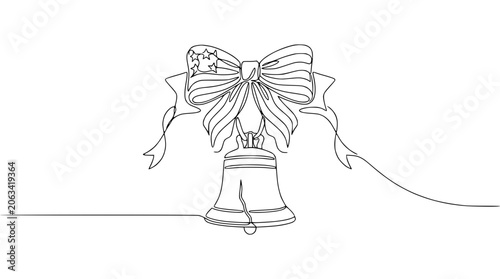 Liberty Bell with American Flag Bow, Continuous Line Drawing