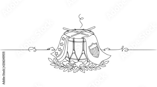 Vintage Drum Emblem with American Flag and Laurel Wreath - Line Art