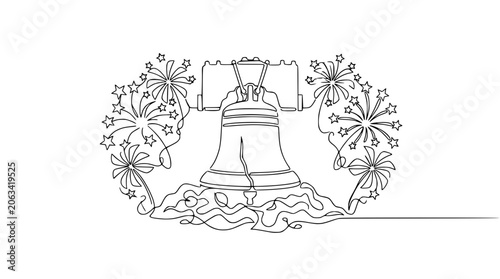 Liberty Bell with Fireworks - Single Line Drawing