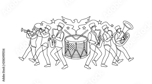 Marching Band Outline: Musicians Playing Instruments, Drum with American Flag, Eagle Silhouette