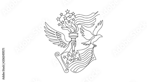 American Eagle and Torch Symbol - Line Art Illustration