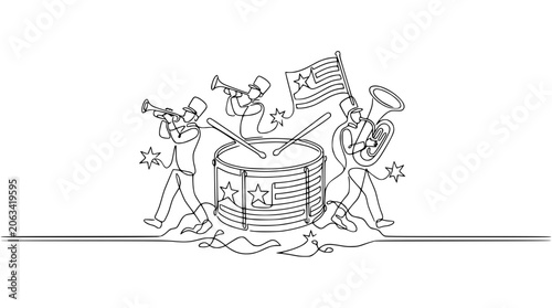Continuous Line Drawing of Marching Band with US Flag and Drum - Festive Celebration