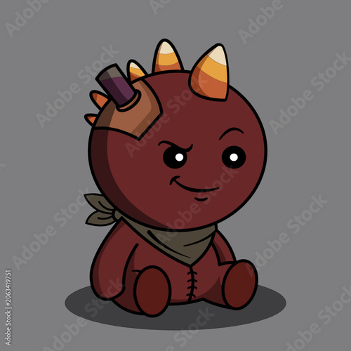 A mischievous unicorn-like teddy bear sits on a gray background with a bandana and bottle. A cute teddy bear with a unicorn horn and a bottle on its head. teddy, bear, unicorn, horn, bandana