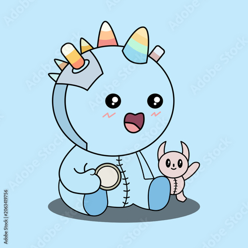 A cute unicorn doll plays with a small pink toy on a blue background. A blue unicorn doll with a rainbow horn and a small pink toy. unicorn, doll, toy, blue, cute