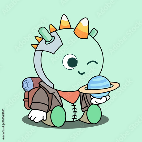 A cartoon unicorn explorer holds a planet model. A cute space explorer unicorn holds a planet. unicorn, explorer, space, planet, model