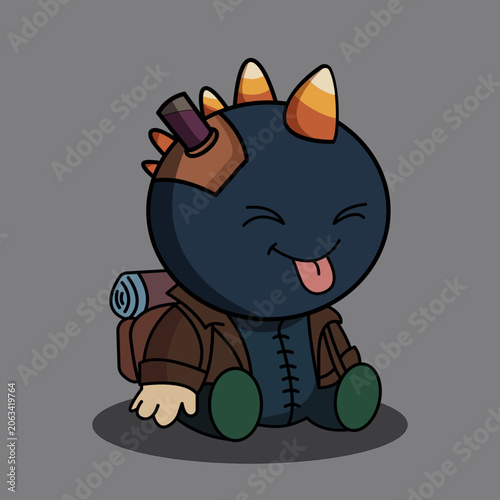 Adorable dragon creature wearing jacket sits happily outdoors. Cute dragon illustration wearing a jacket and sitting down. dragon, jacket, creature, outdoors, happy