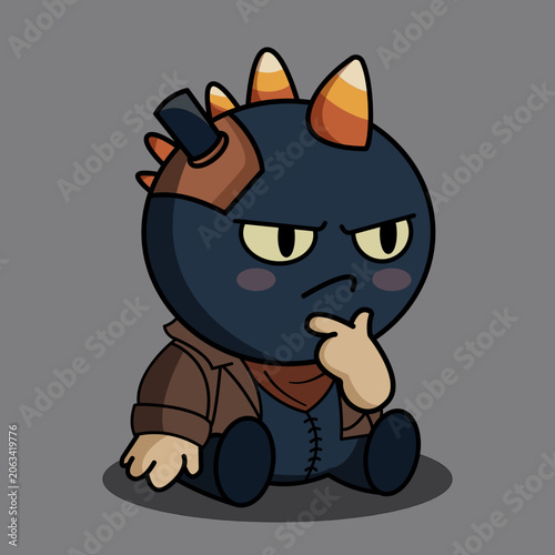 Thinking Unicorn-like creature with horn and jacket sits in contemplation. A cartoon creature with a horn and jacket sits in thought.
