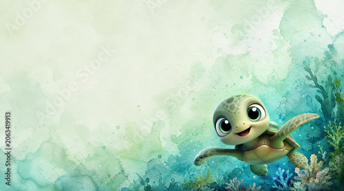Adorable Baby Marine Turtle Underwater Watercolor Illustration with Room for Text