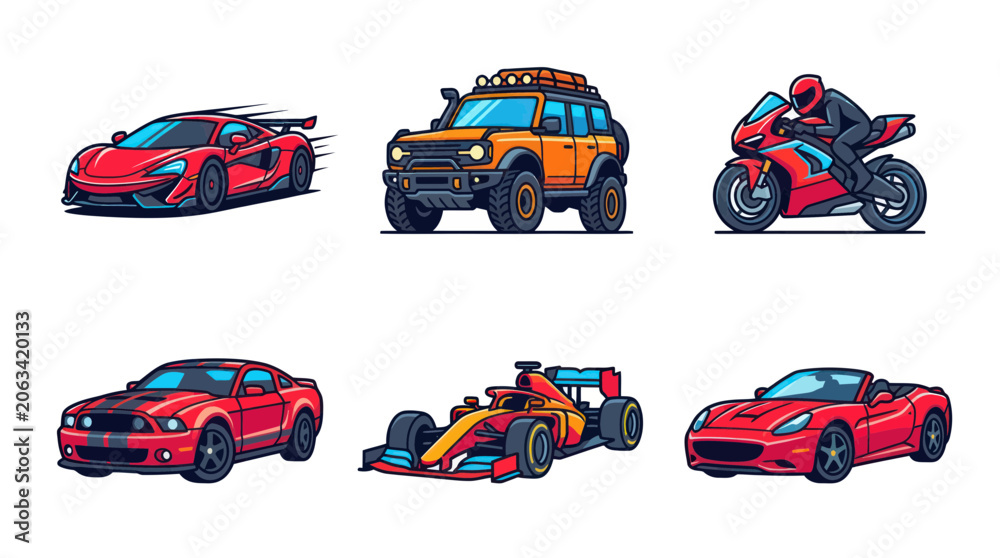 Naklejka premium Set of Red Sports Cars, Motorcycle, Off-Road Vehicle, and F1 Car