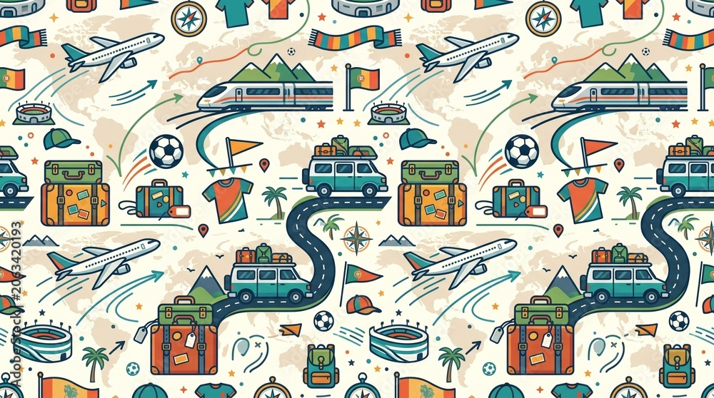 Seamless travel pattern with airplanes, trains, camper vans, and luggage. Flat vector illustration for tourism and vacation themes. AI Generated.