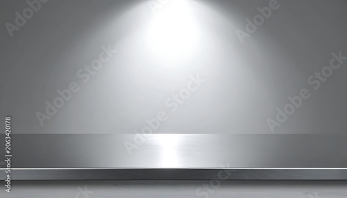 Empty metallic stage pedestal under bright spotlight, product showcase platform for commercial display