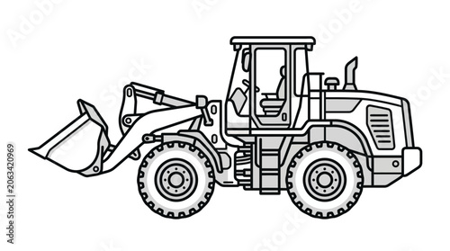 Heavy front end wheel loader construction vehicle line drawing.