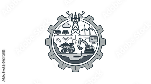 Industrial complex inside gear icon with green energy.