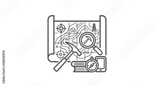 Mining exploration blueprint with geological tools line icon.