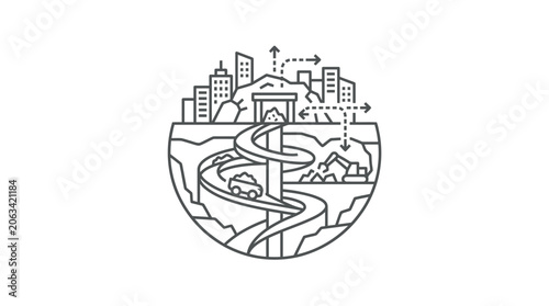 Circular landscape of mountain paths and industrial mining.