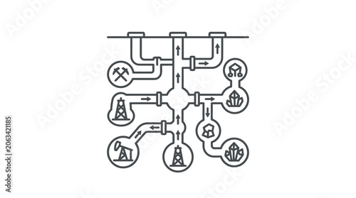 Underground infrastructure network diagram with industrial symbols.