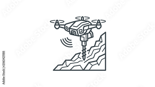 Robotic mining drone drilling cliff side line icon.