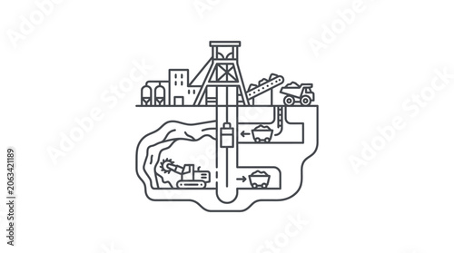 Underground mine cross-section showing shaft and tunnel network.