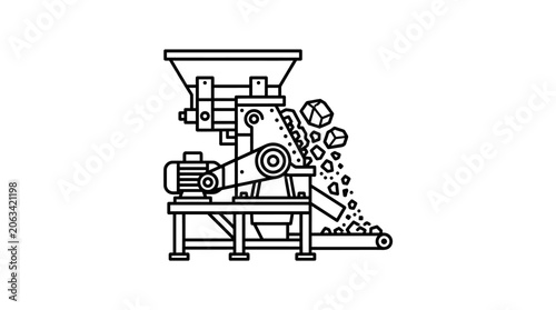 Industrial rock crusher machinery line art icon.