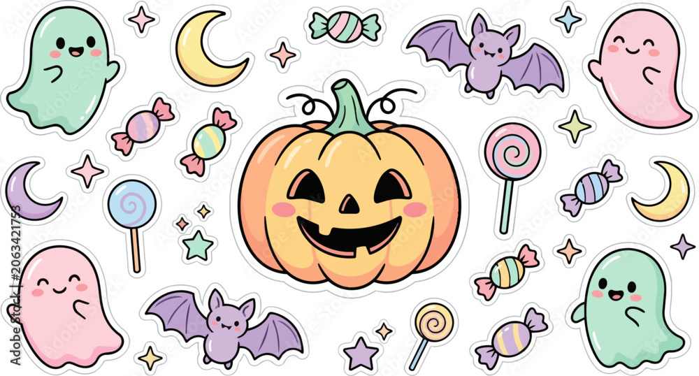 Fototapeta premium Halloween pumpkin surrounded by ghosts bats.