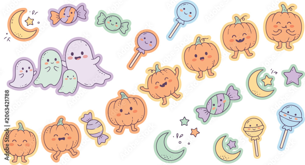 Naklejka premium Halloween stickers with smiling pumpkins ghosts.