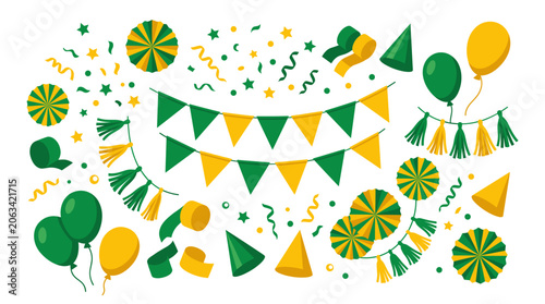 Flat Green and Yellow Party Decorations and Confetti Elements for Celebration Vector