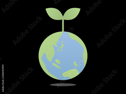 Schilderij op canvas Modern Green Earth with Sprout Leaf Vector Illustration: High Contrast Planet Pr