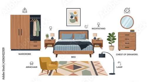 Bild auf Leinwand Modern Bedroom Furniture Arrangement with Wardrobe, Bed, and Armchair