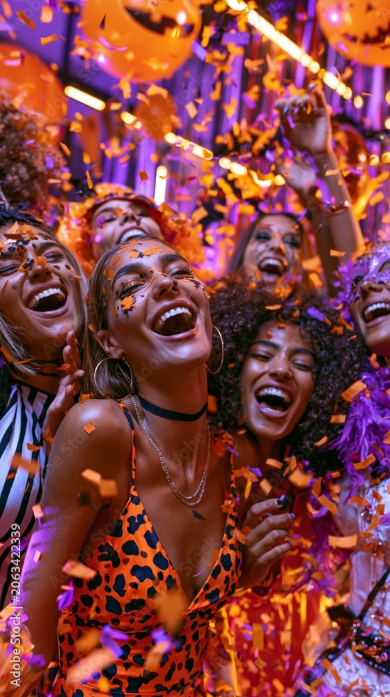 Fototapeta premium Festive group enjoying a neon-lit party with confetti rain, playful expressions, and a rich golden-purple color palette.