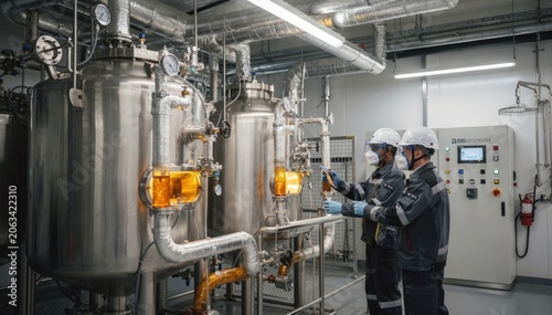 Medium frame capturing the flameretardant resin production process highlighting safety protocols and specialized reactors synthesizing fireresistant plastic materials.