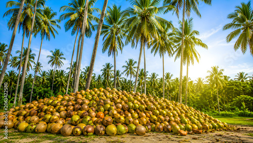 Tropical Coconut Plantation with Harvested Coconuts Under Palm Trees – Coconut Farm Landscape 8K