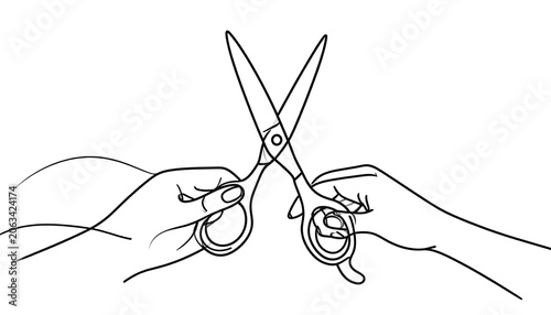 Black and white line art depicts two hands, each holding scissors. The scissors are crossed, suggesting cutting action
