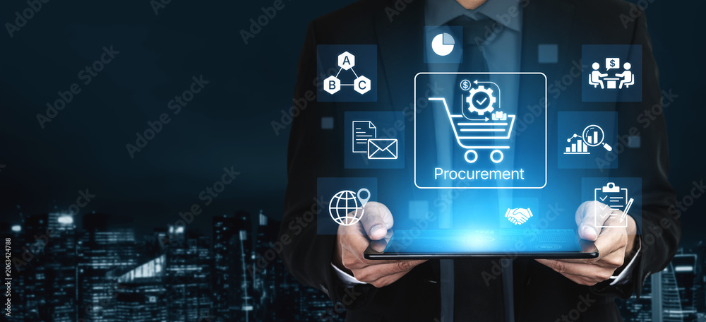 Obraz premium Businessman holding tablet showcasing digital procurement icons in modern city skyline representing technology and commerce evolution. Bitwise.