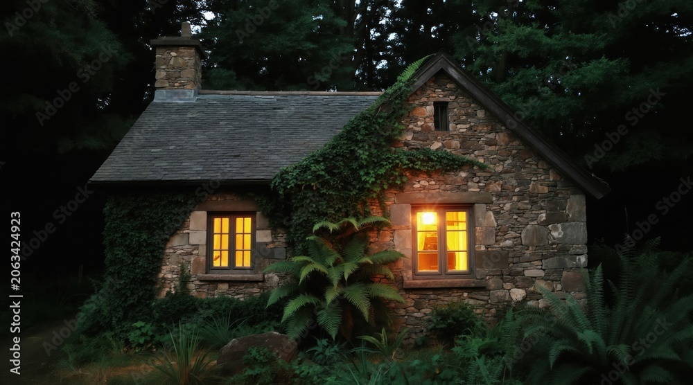 Naklejka premium Stone cottage with glowing windows sits in a dark forest. Rich plants covers the old building. Nature surrounds this quaint, inviting, rustic house.