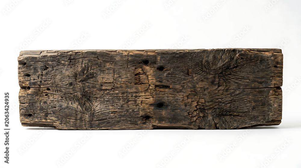 Fototapeta premium A piece of aged rustic weathered wooden beam isolated on a white background