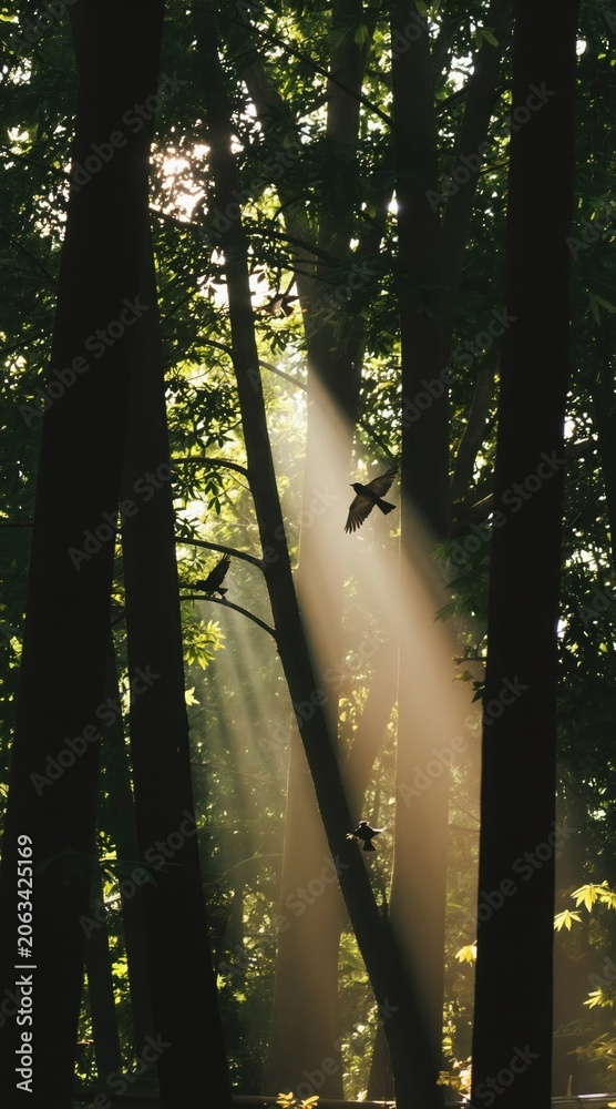 Fototapeta premium Sunlight rays penetrate a dense forest canopy illuminating flying birds. Tall trees and lush green foliage create a tranquil, natural woodland scene.