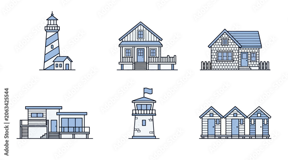 Fototapeta premium Coastal Buildings Icons: Lighthouse, Houses, Beach Huts - Vector Set
