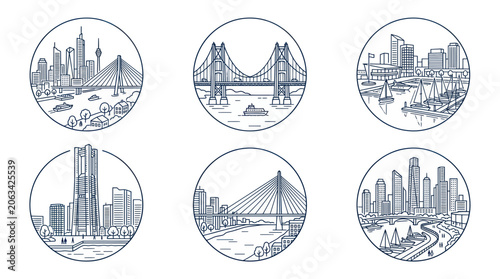 Tableau sur toile Cityscape Circle Icons: Bridges, Skyscrapers, and Waterfronts - Line Art Collect