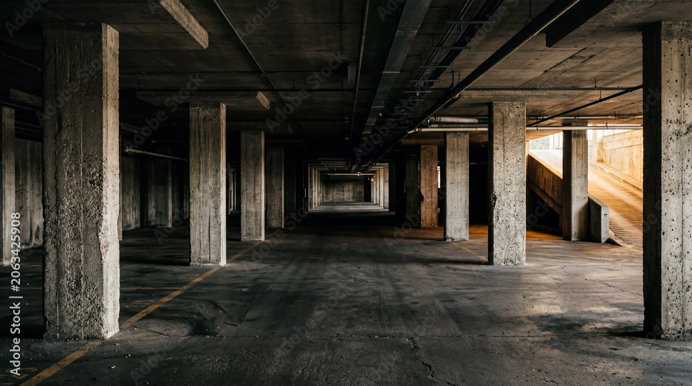 Naklejka premium Cavernous Empty Parking Basement With A Low Ceiling And Rough Aggregate Concrete Columns At Night
