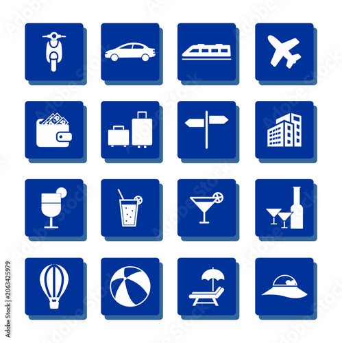 A set of sixteen blue square vector icons representing travel, transport, vacation, and leisure activities, isolated on a white background.