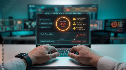 POV of security analyst monitoring anomaly detection dashboard with UEBA analytics, high risk score alerts and unusual user behavior indicators in security operations center