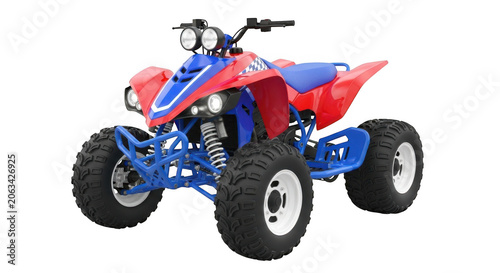 Blue and red ATV parked on grass field