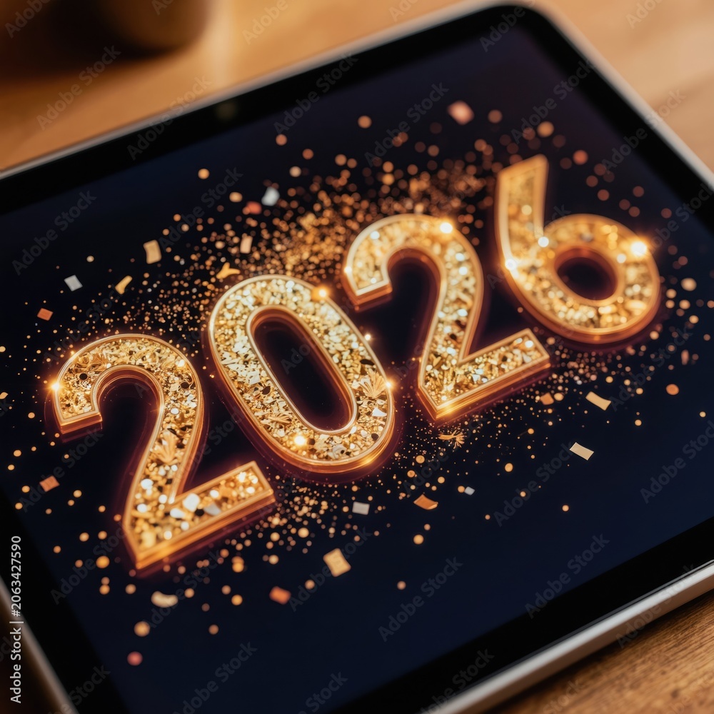 Fototapeta premium Golden 2026 numbers sparkle on tablet screen with falling confetti. Festive digital display shows New Year celebration. Modern tech countdown party concept.