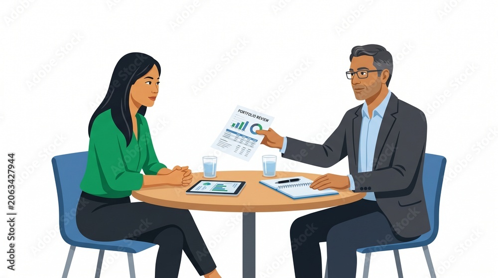 Fototapeta premium Financial Advisor Presents Portfolio Review Document to Client During Meeting