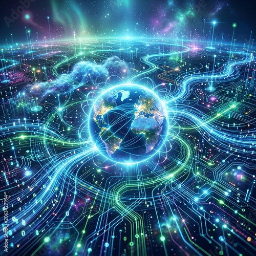 Global Network Connections: Earth Surrounded by Digital Circuitry and Light Trails