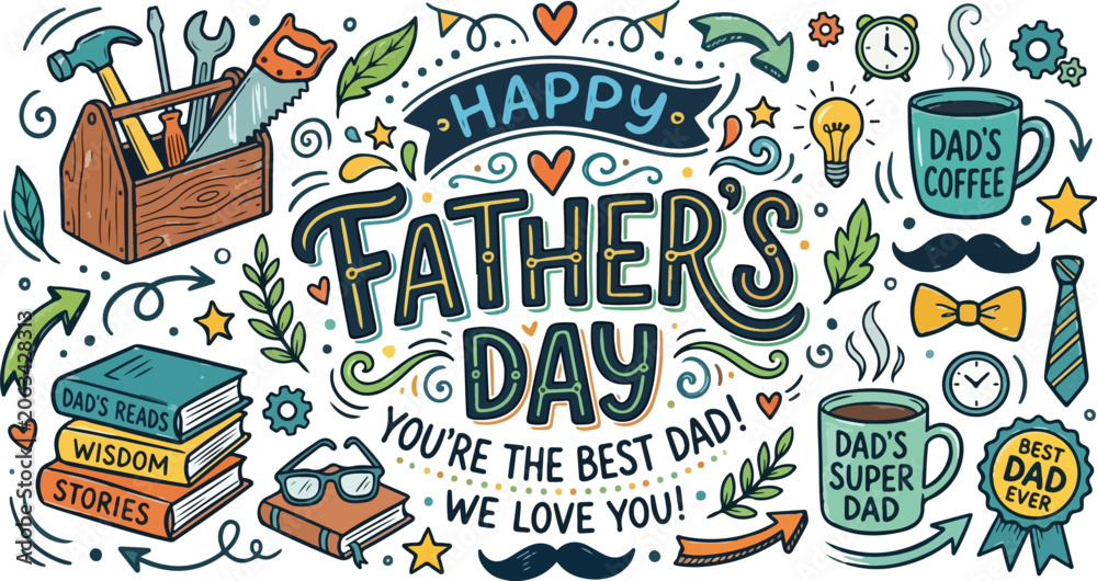 Fototapeta premium Happy father's day greeting with hand drawn icons and lettering