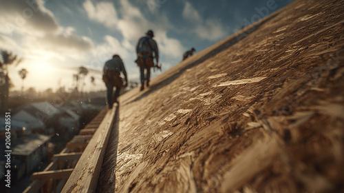 Carpenters working on wooden roof sheathing at sunset, securing panels with tools while wearing safety gear, showing construction teamwork and outdoor labor